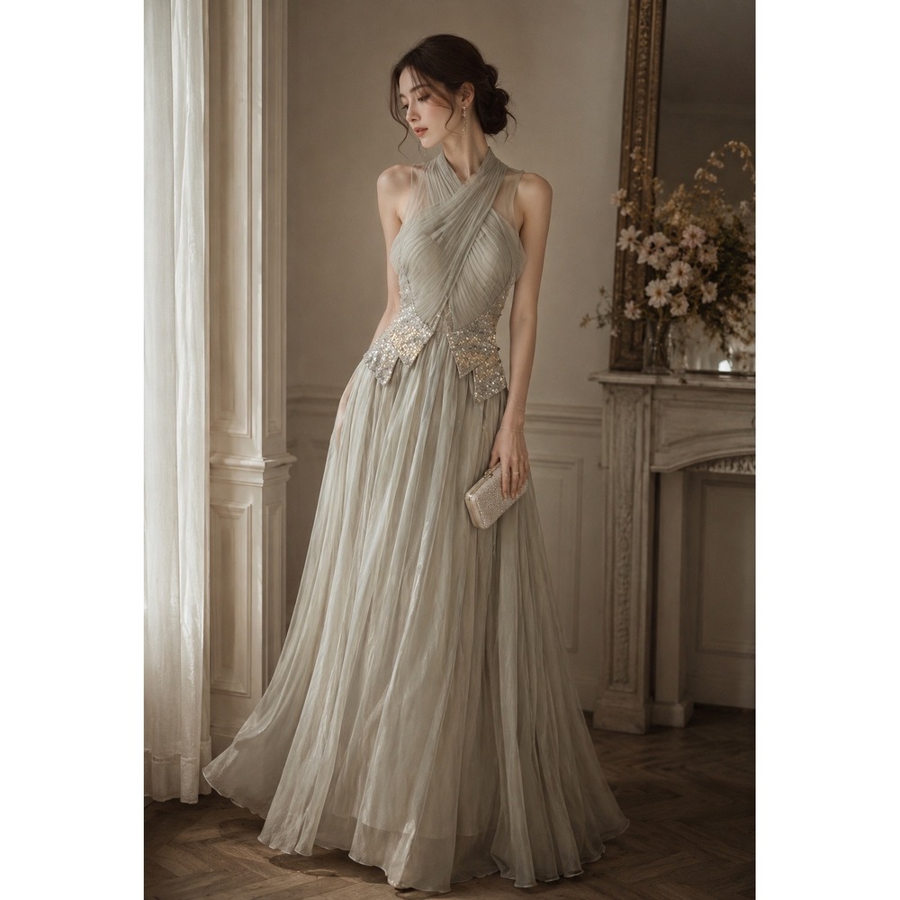 Bridess Sequin Bodice Formal Dress Criss Cross Neckline Gown Maxi Dress